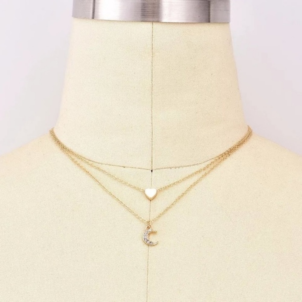 !5 for $25 Two Layer Heart and Moon Charm Necklace - Picture 2 of 7